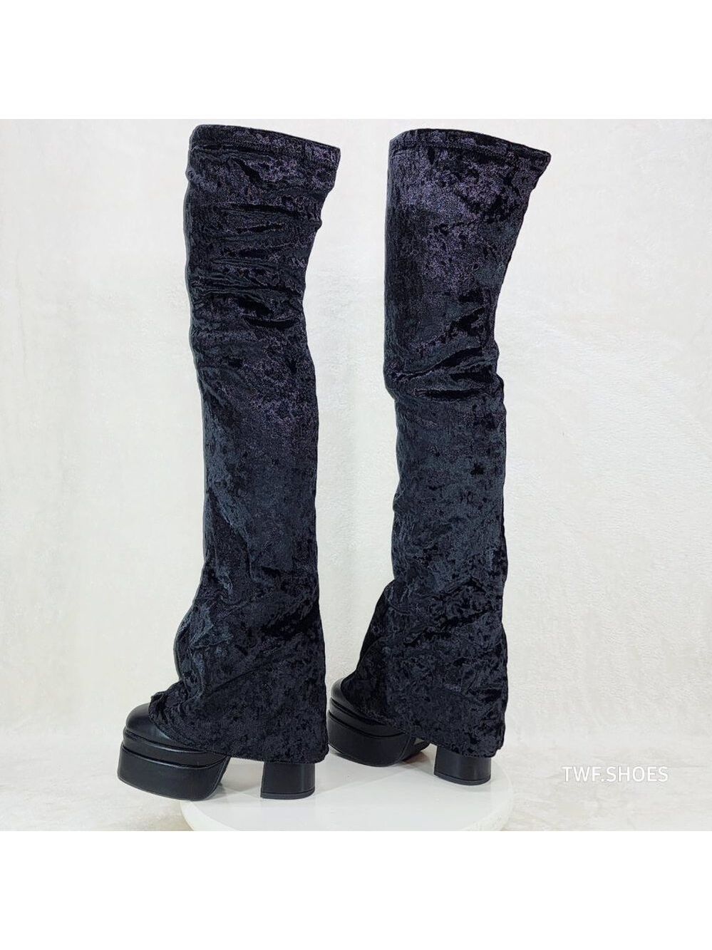 Unique Thigh High Black Velvet Fold over Skirted Chunky Heel Platform Boots - Picture 13 of 17